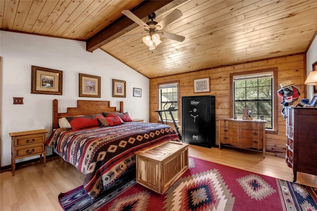 bedroom featuring ceiling fan, wooden ceiling, vaulted ceiling with beams, light hardwood / wood-style flooring, and wood walls