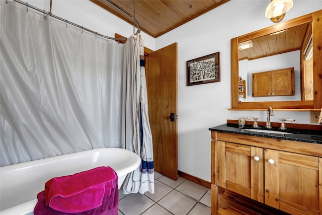 bathroom with vanity, wooden ceiling, shower / tub combo, and tile patterned flooring