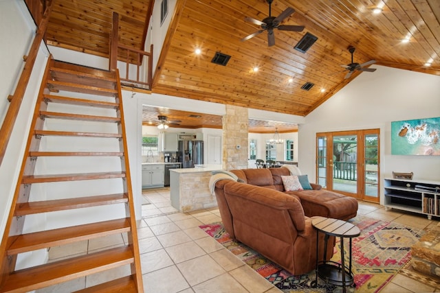 living room featuring high vaulted ceiling, wooden ceiling, and light tile patterned floors