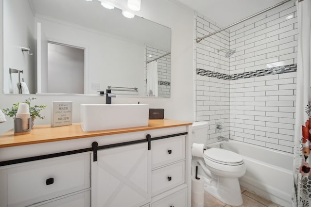 full bathroom with vanity, shower / bath combo, toilet, and tile patterned flooring