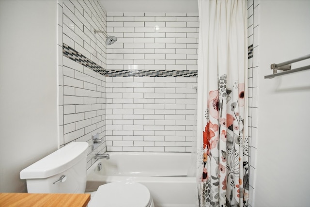 bathroom with toilet and shower / bathtub combination with curtain