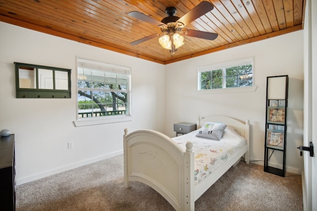 bedroom with wood ceiling, carpet, and ceiling fan