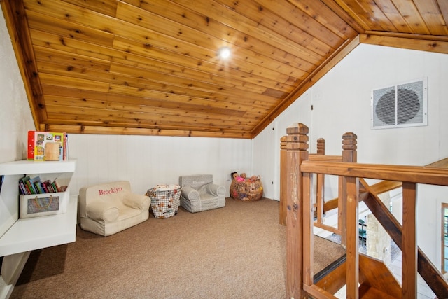 playroom featuring wooden ceiling, lofted ceiling, and carpet floors