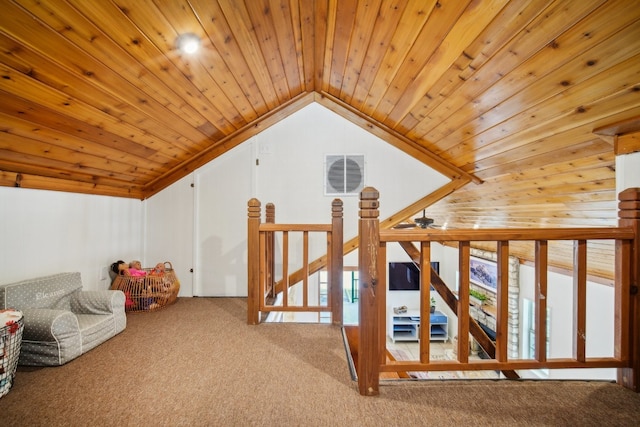 bonus room featuring wood ceiling, carpet flooring, and lofted ceiling