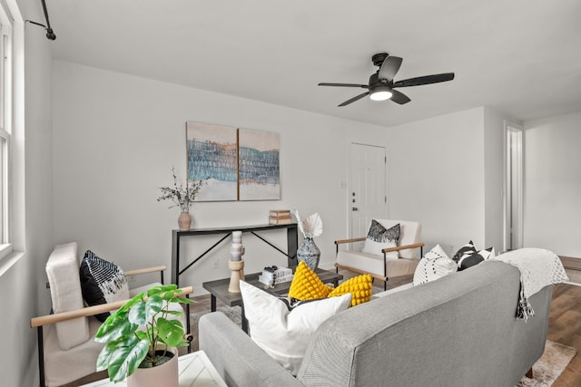 living room featuring hardwood / wood-style flooring and ceiling fan