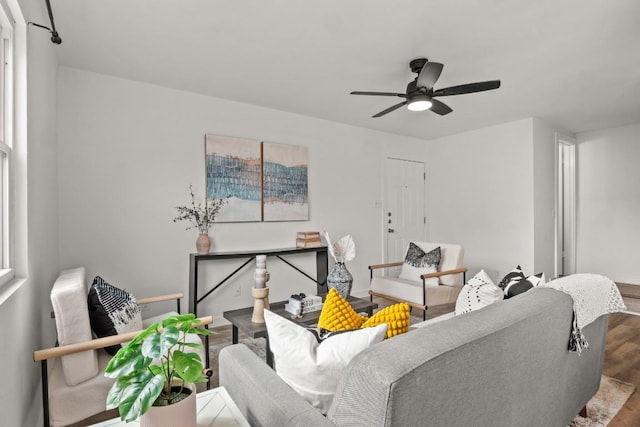 5616 Emerald Forest Dr Unit 101, Austin, TX 78745 - living area with wood finished floors, ceiling fan, and baseboards