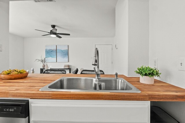 kitchen featuring ceiling fan, sink, and dishwashing machine