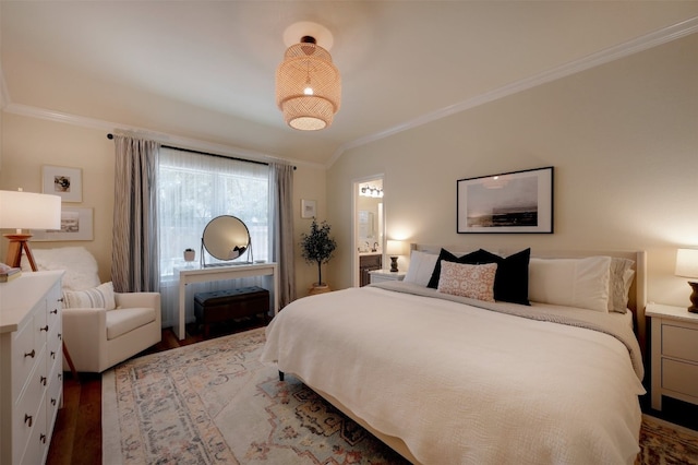 bedroom featuring ornamental molding and dark wood-type flooring