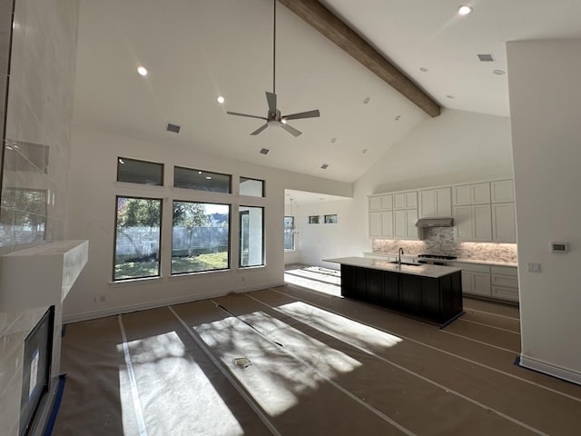 unfurnished living room with ceiling fan, sink, high vaulted ceiling, beamed ceiling, and dark hardwood / wood-style floors