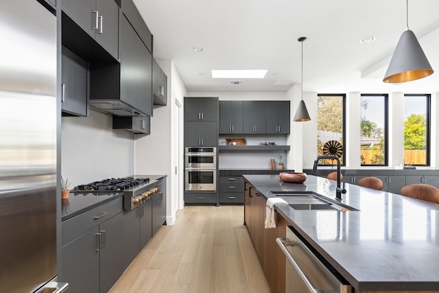 kitchen with stainless steel appliances, sink, light hardwood / wood-style flooring, hanging light fixtures, and an island with sink