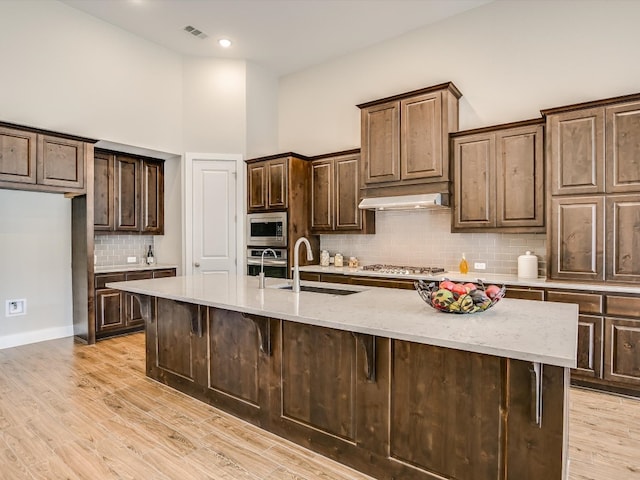 kitchen featuring stainless steel appliances, sink, tasteful backsplash, an island with sink, and light hardwood / wood-style flooring