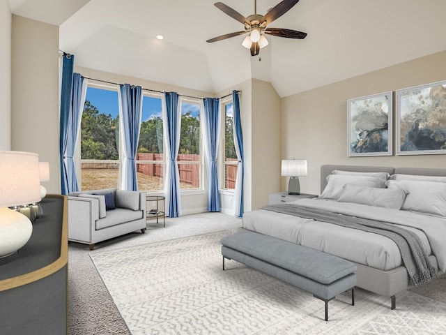 bedroom with carpet floors, lofted ceiling, and ceiling fan