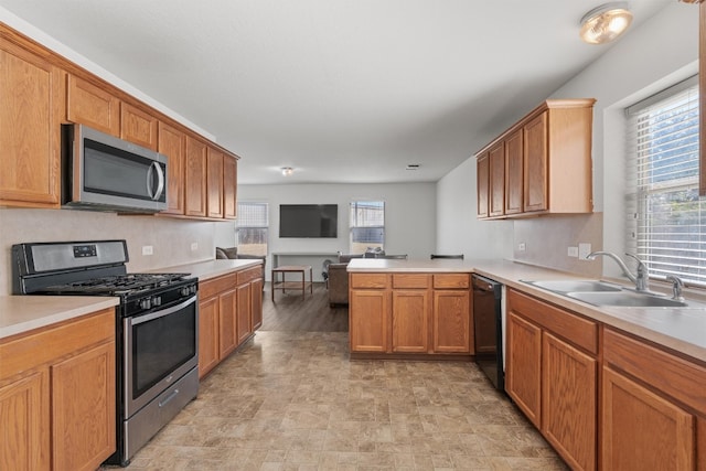 kitchen featuring kitchen peninsula, stainless steel appliances, and sink