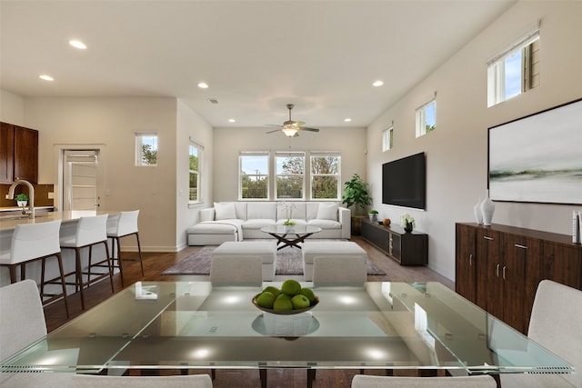 living room with sink, dark wood-type flooring, and ceiling fan