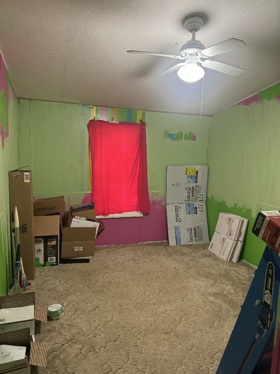 recreation room featuring ceiling fan, carpet flooring, and a textured ceiling