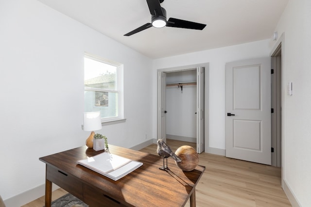 office featuring ceiling fan and light hardwood / wood-style floors