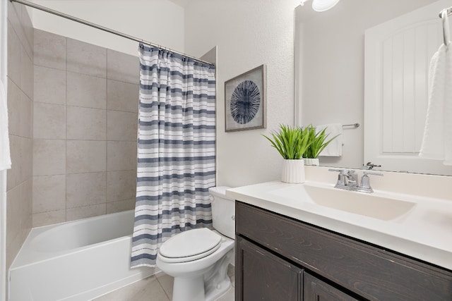 full bathroom with vanity, toilet, tile patterned floors, and shower / bathtub combination with curtain