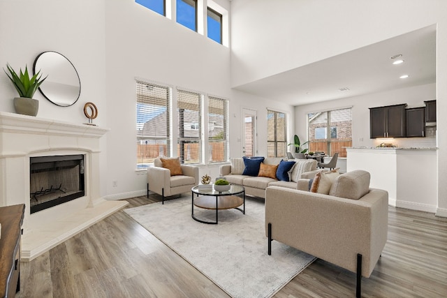 living room with a wealth of natural light, a high ceiling, and light hardwood / wood-style flooring