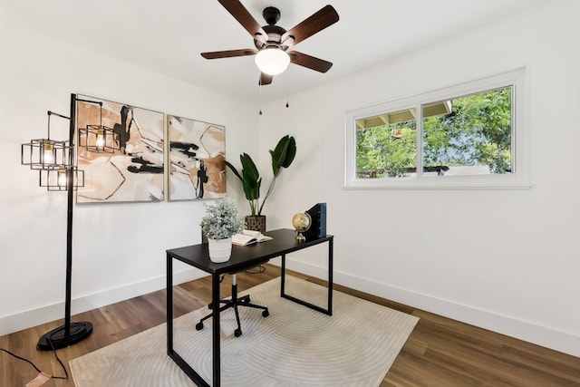 office area featuring hardwood / wood-style floors and ceiling fan