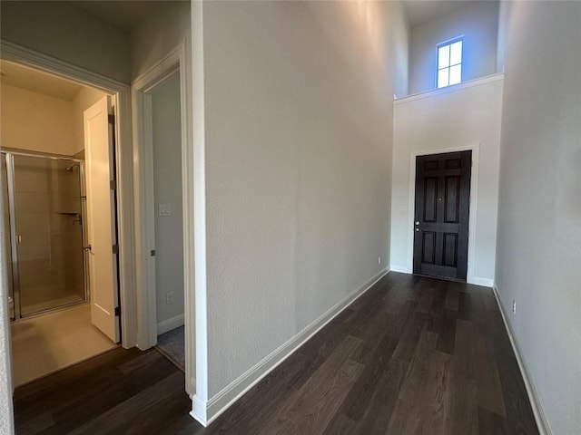 hall featuring a high ceiling and dark hardwood / wood-style floors