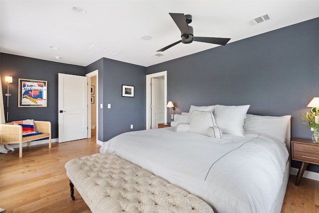 bedroom with light hardwood / wood-style floors and ceiling fan