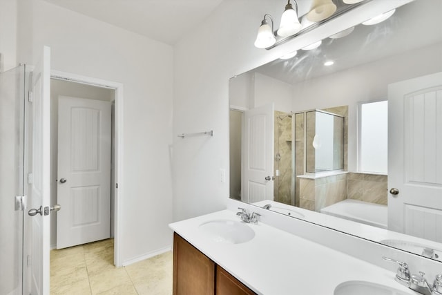 bathroom with vanity, plus walk in shower, and tile patterned floors