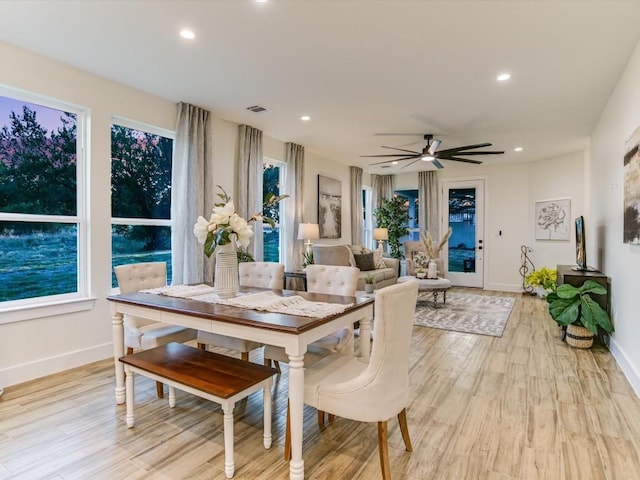 570 Quick Draw, Horseshoe Bay, TX 78657 - dining room featuring recessed lighting, baseboards, light wood finished floors, and ceiling fan