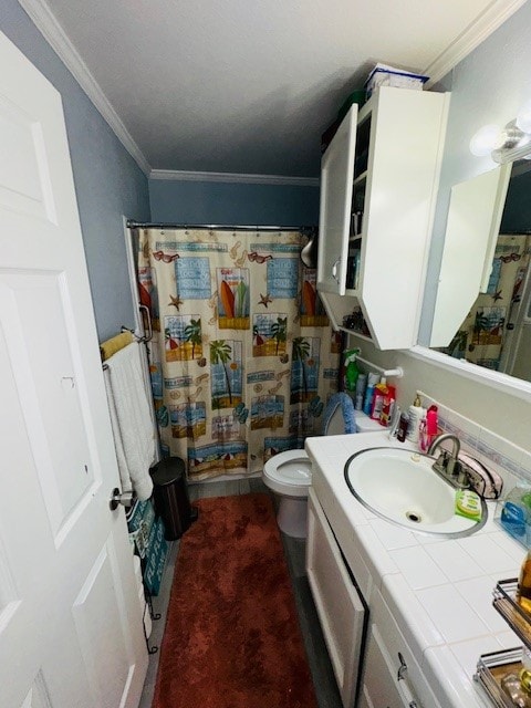 bathroom featuring vanity, crown molding, walk in shower, and toilet