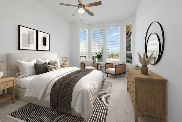 bedroom featuring light colored carpet and ceiling fan