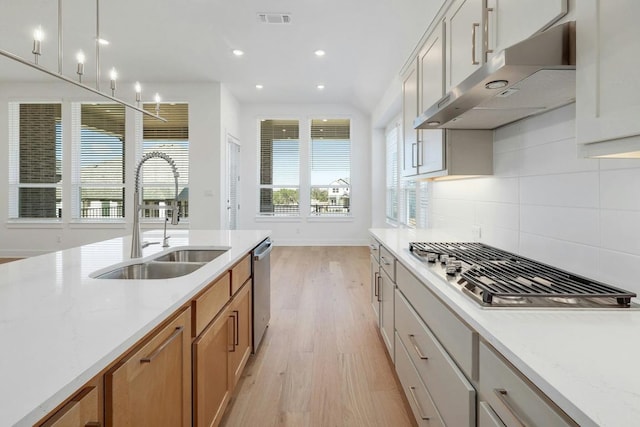 kitchen with a sink, under cabinet range hood, appliances with stainless steel finishes, light wood-style flooring, and decorative backsplash
