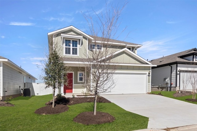 160 Lavender Ln, Elgin, TX 78621 - view of front of home featuring board and batten siding, a front yard, concrete driveway, cooling unit, and a garage