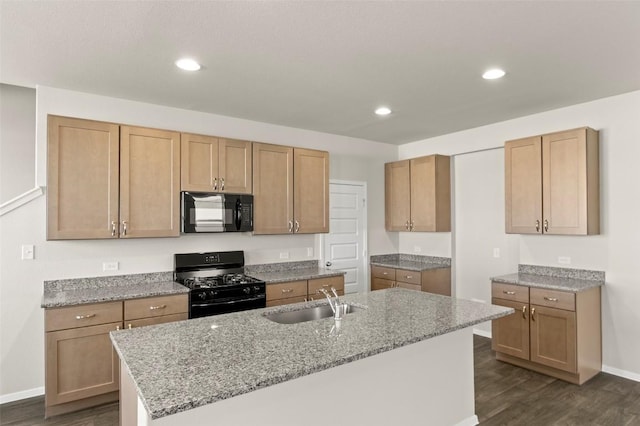 160 Lavender Ln, Elgin, TX 78621 - kitchen featuring black appliances, a sink, dark wood-style flooring, light stone countertops, and recessed lighting