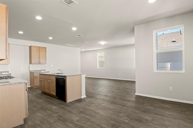 160 Lavender Ln, Elgin, TX 78621 - kitchen featuring open floor plan, dishwasher, recessed lighting, a sink, and a kitchen island with sink