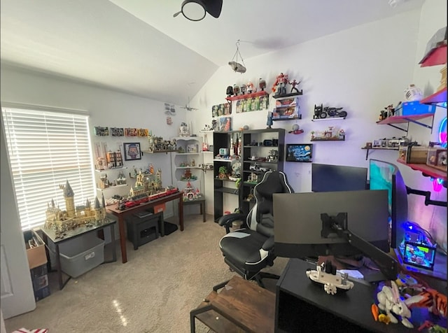 office with carpet and vaulted ceiling