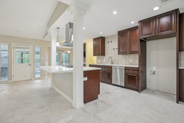 kitchen featuring a center island, tasteful backsplash, ventilation hood, dark brown cabinets, and appliances with stainless steel finishes