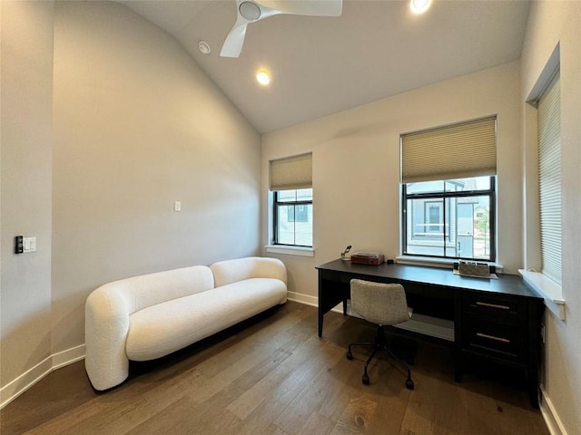 office area featuring hardwood / wood-style flooring, high vaulted ceiling, and ceiling fan