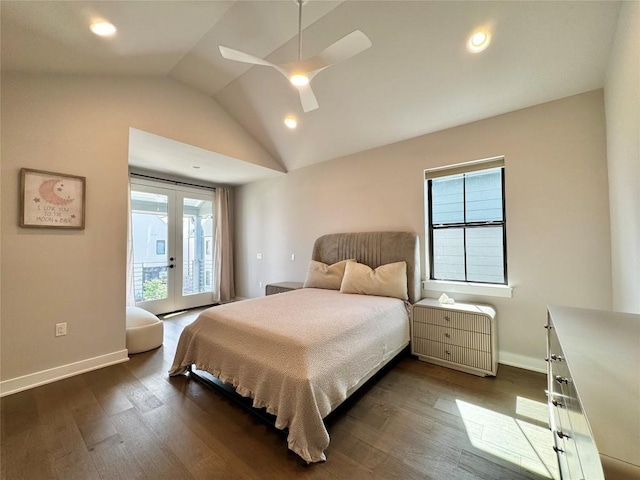 bedroom featuring dark hardwood / wood-style flooring, access to exterior, lofted ceiling, and french doors