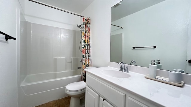 full bathroom with vanity, tile patterned flooring, toilet, and shower / bathtub combination with curtain