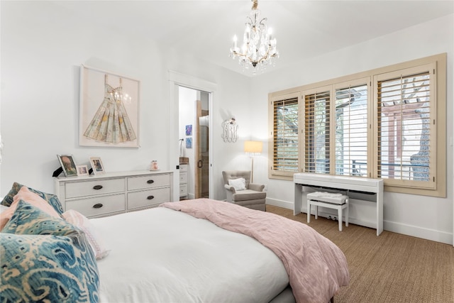 carpeted bedroom with a chandelier