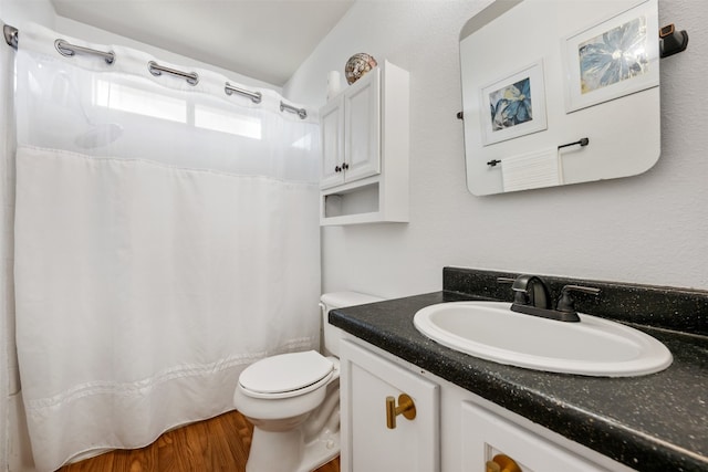 bathroom featuring a shower with curtain, vanity, wood-type flooring, and toilet