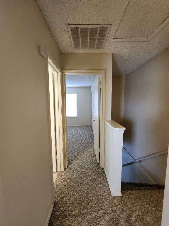 hall featuring carpet and a textured ceiling