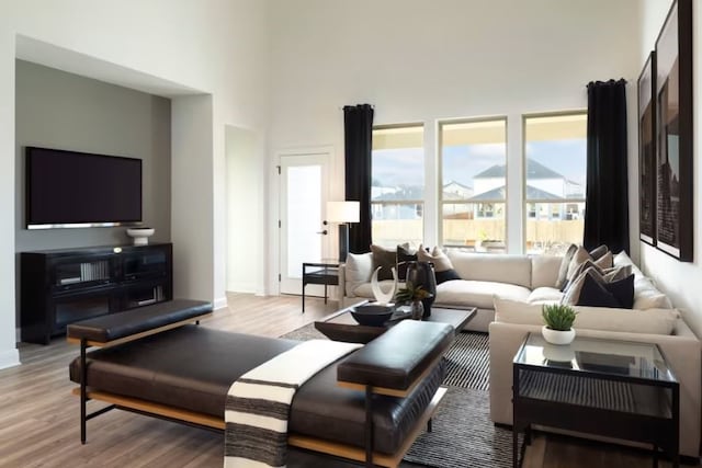 living room featuring a towering ceiling and light hardwood / wood-style floors