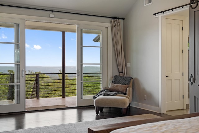 bedroom with a barn door and multiple windows