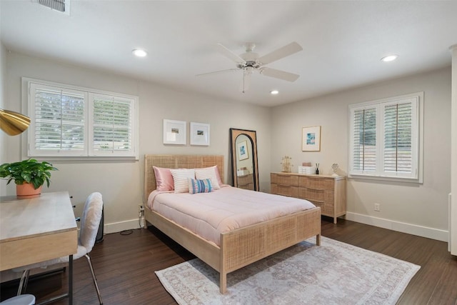 bedroom with dark wood-style flooring, ceiling fan, recessed lighting, baseboards, and visible vents