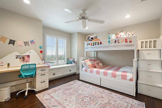 bedroom with recessed lighting, ceiling fan, and dark wood finished floors