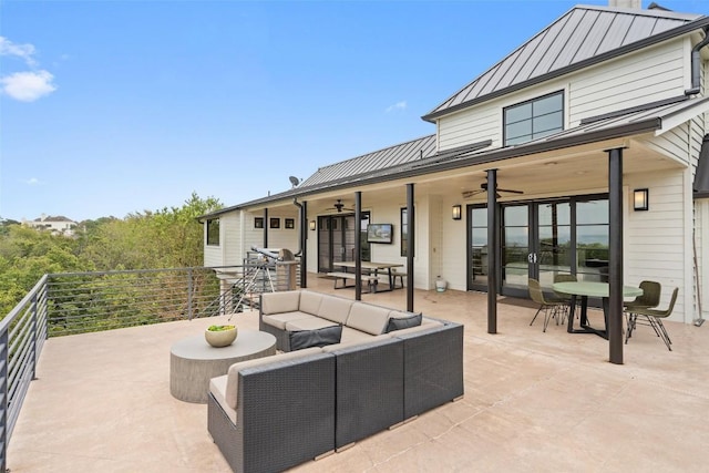 view of patio featuring outdoor dining area, a ceiling fan, french doors, and an outdoor hangout area
