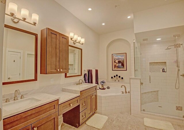 7800 SW Pkwy Unit 510, Austin, TX 78735 - bathroom with a garden tub, a shower stall, recessed lighting, and double vanity