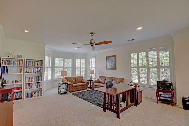 7800 SW Pkwy Unit 510, Austin, TX 78735 - living area featuring a ceiling fan, carpet flooring, ornamental molding, recessed lighting, and baseboards