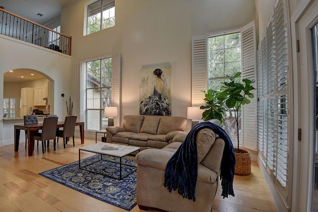 7800 SW Pkwy Unit 510, Austin, TX 78735 - living room with arched walkways, wood-type flooring, and a towering ceiling