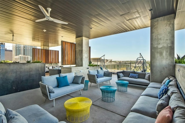 view of patio featuring ceiling fan and an outdoor hangout area